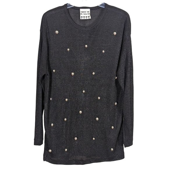 Vintage MEET ME IN MIAMI long sleeve black with silver glitter sweater Beads M/L - Picture 1 of 7
